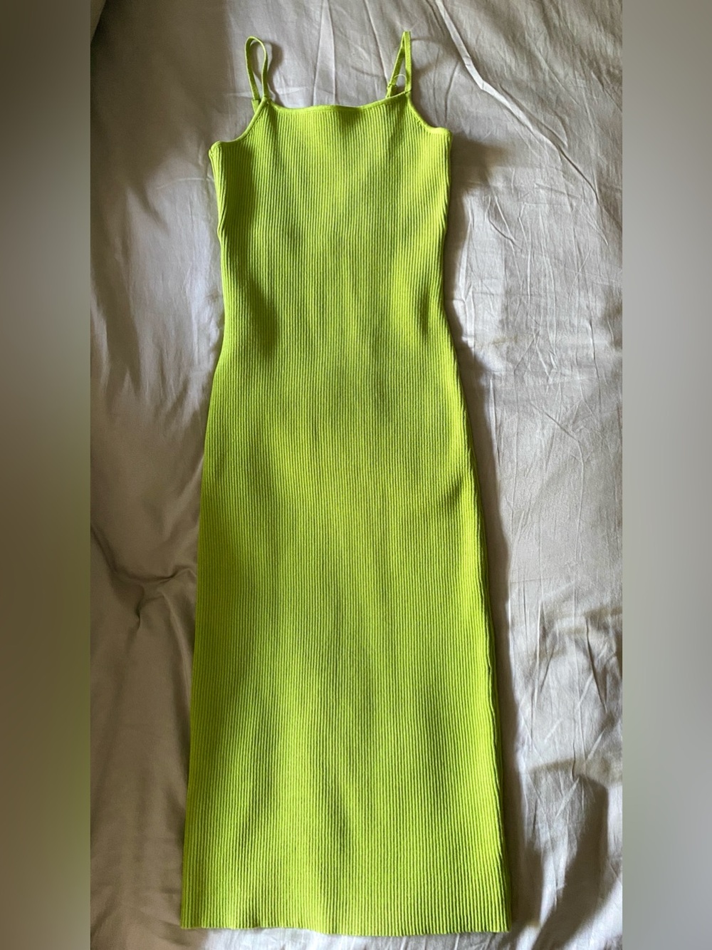 Bright Lime Green Ribbed Knit MIDI Dress